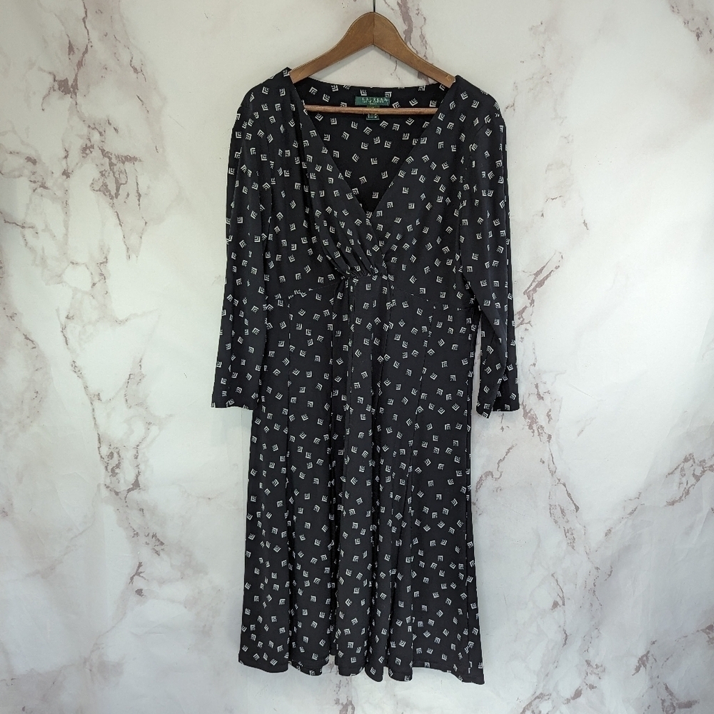 Lauren Ralph Lauren Dress Women 18 2X Black White Diamond Midi Long Sleeve